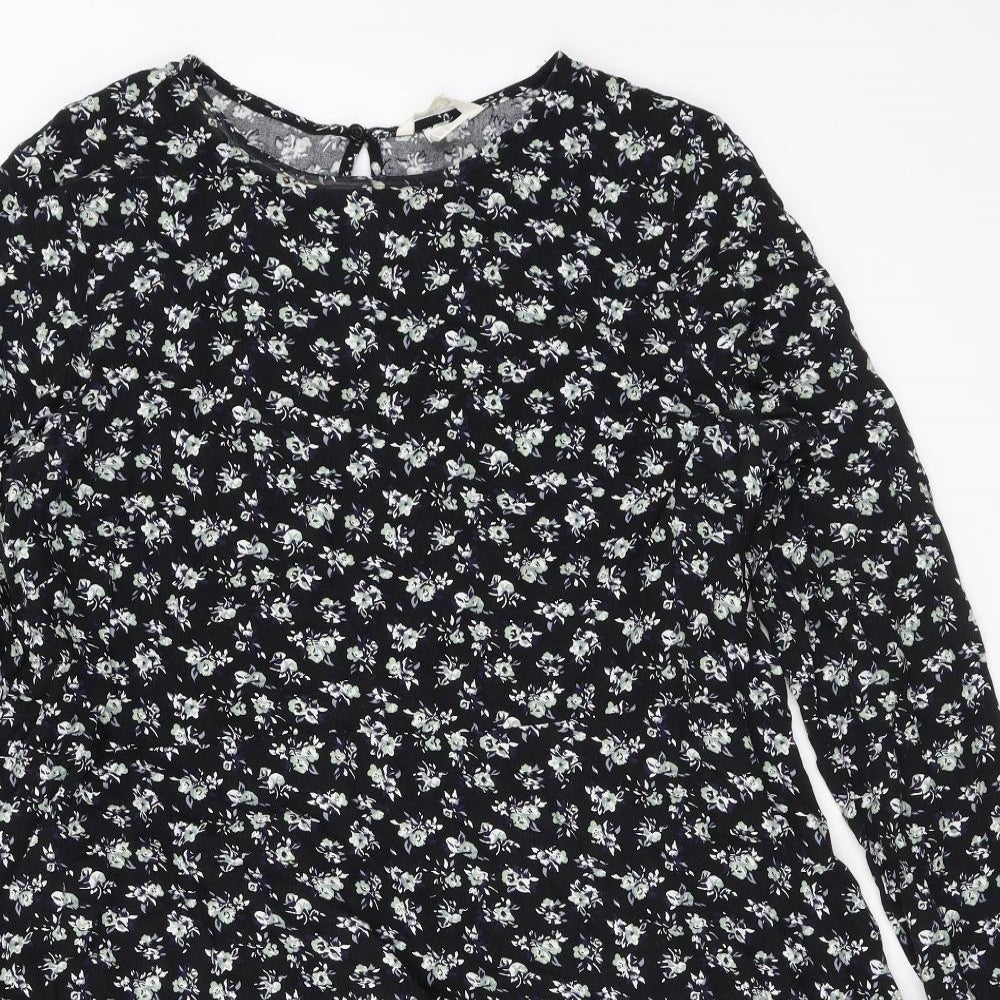 H&M Womens Black Floral Viscose A-Line Size 10 Round Neck Button