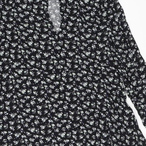 H&M Womens Black Floral Viscose A-Line Size 10 Round Neck Button