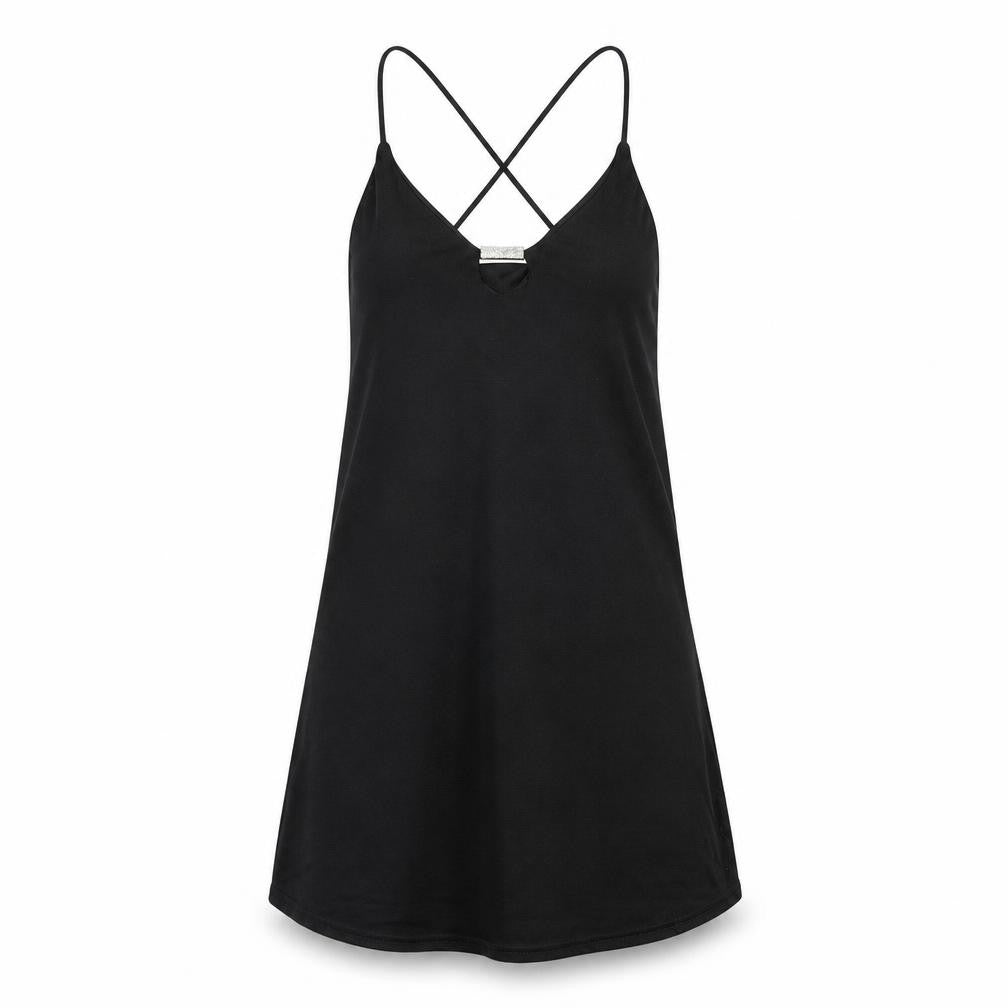 Front view of River Island women’s black rayon mini, size UK 8, v-neck pullover