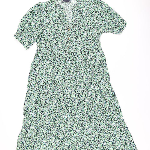 Marks and Spencer Womens Green Floral Viscose A-Line Size 12 V-Neck Button