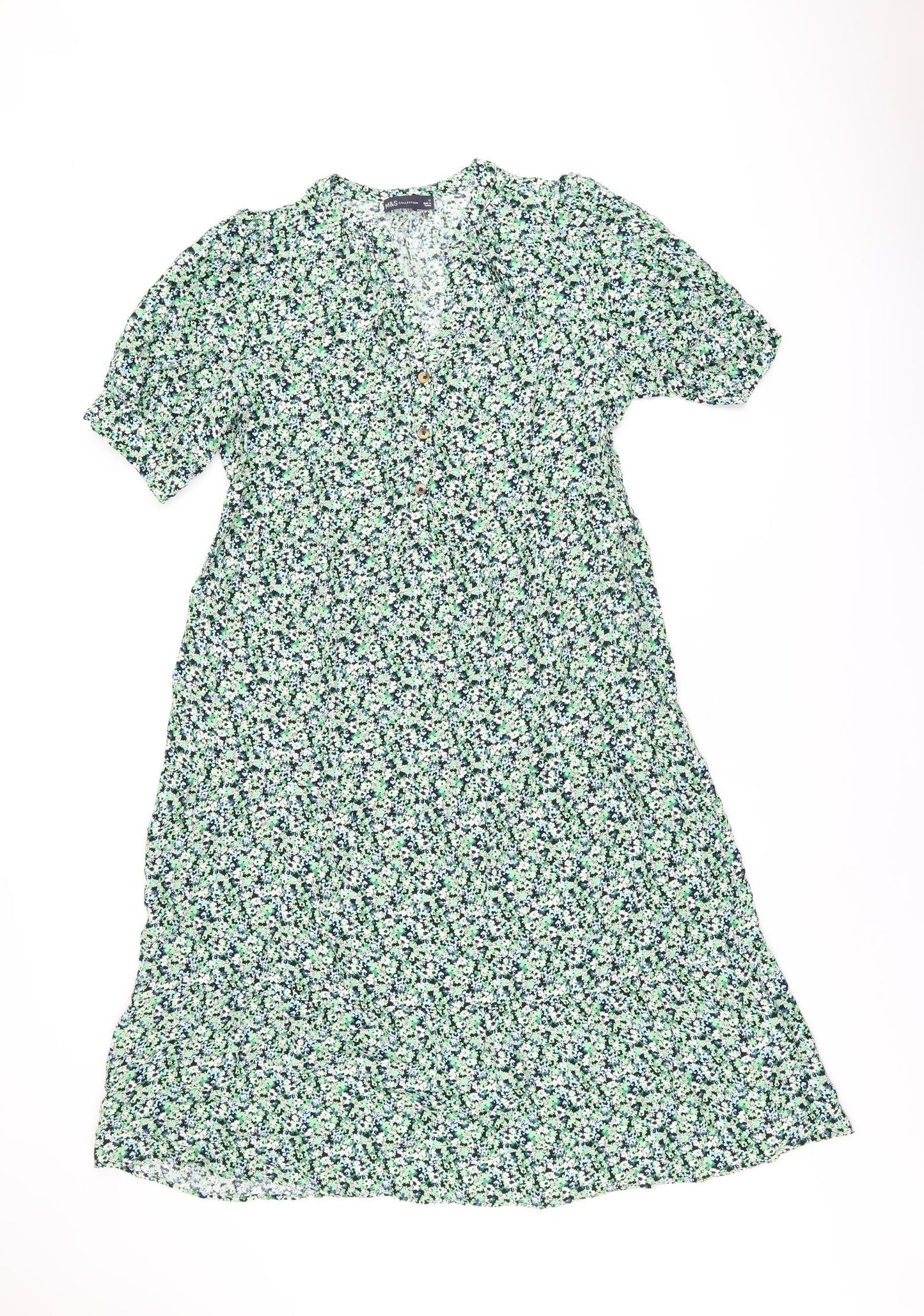 Marks and Spencer Womens Green Floral Viscose A-Line Size 12 V-Neck Button