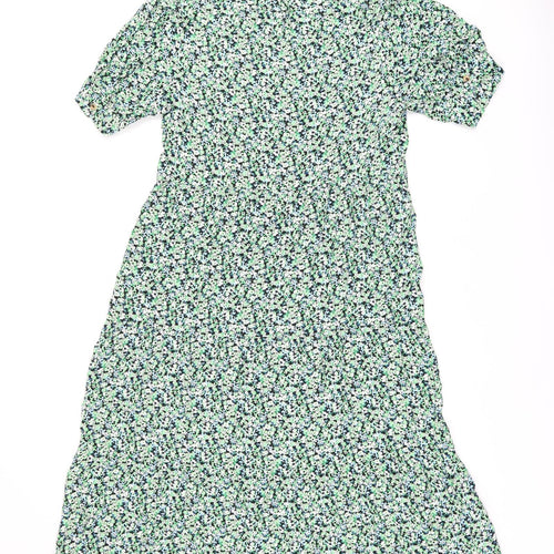 Marks and Spencer Womens Green Floral Viscose A-Line Size 12 V-Neck Button
