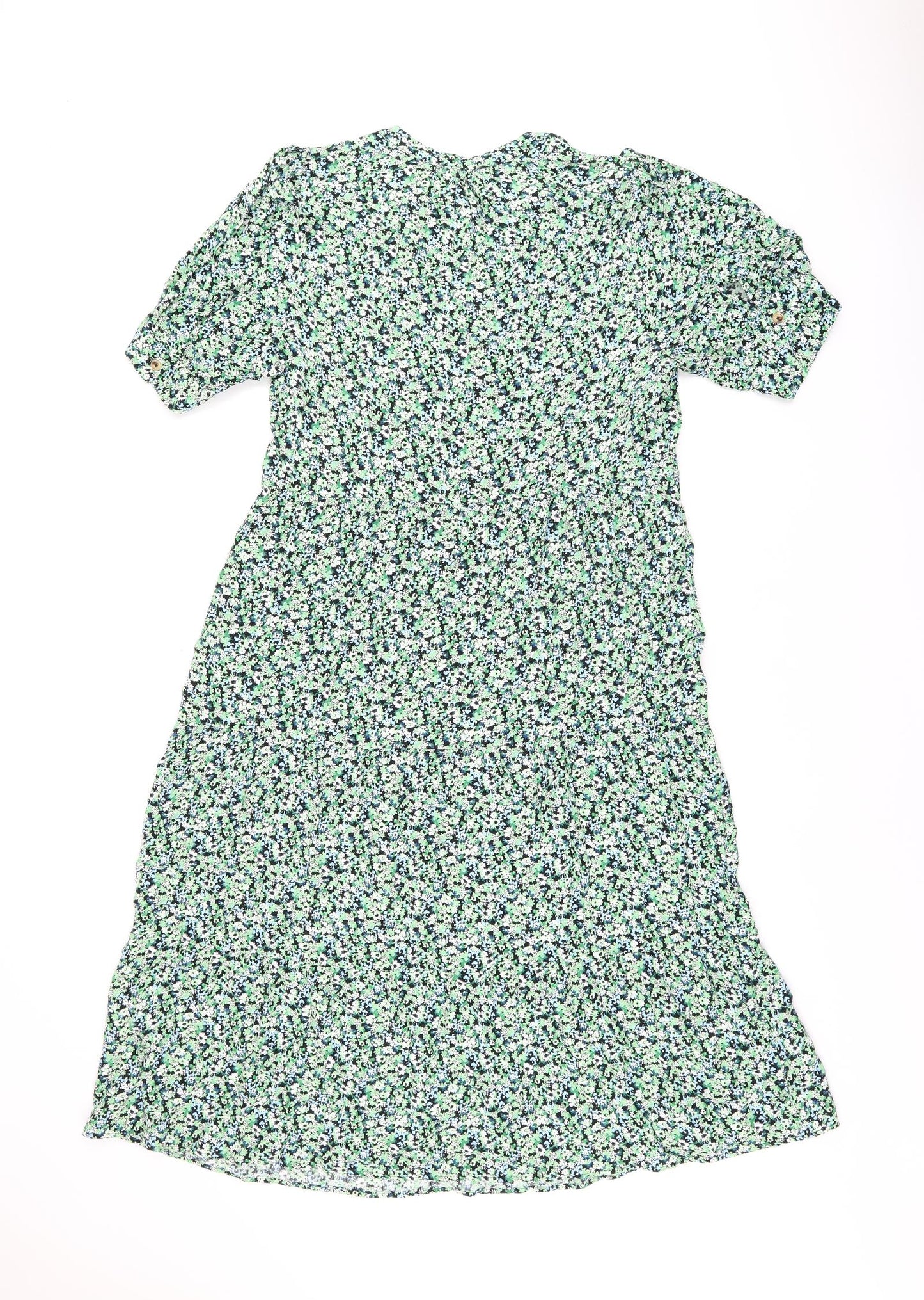 Marks and Spencer Womens Green Floral Viscose A-Line Size 12 V-Neck Button