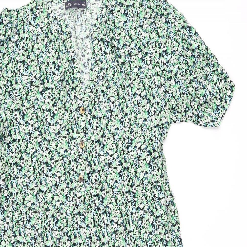 Marks and Spencer Womens Green Floral Viscose A-Line Size 12 V-Neck Button