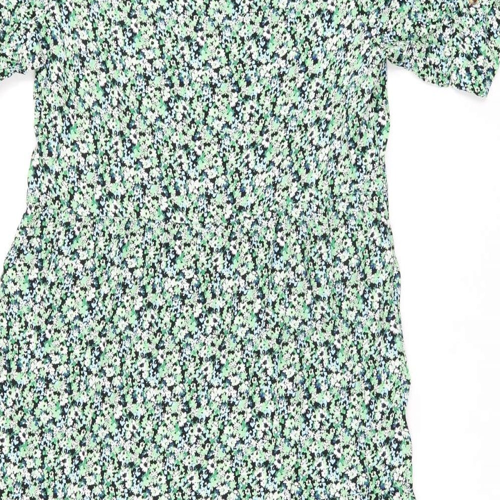 Marks and Spencer Womens Green Floral Viscose A-Line Size 12 V-Neck Button