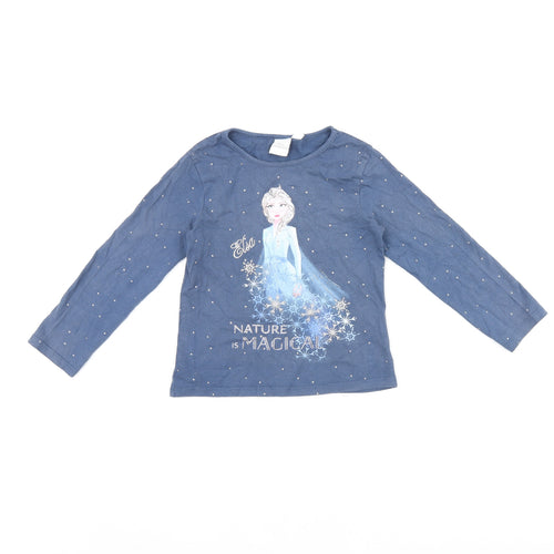 Disney Girls Blue Cotton Basic T-Shirt Size 6 Years Round Neck Pullover - Frozen Elsa