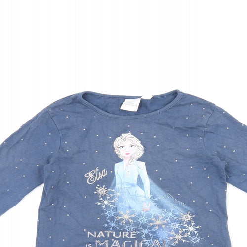 Disney Girls Blue Cotton Basic T-Shirt Size 6 Years Round Neck Pullover - Frozen Elsa
