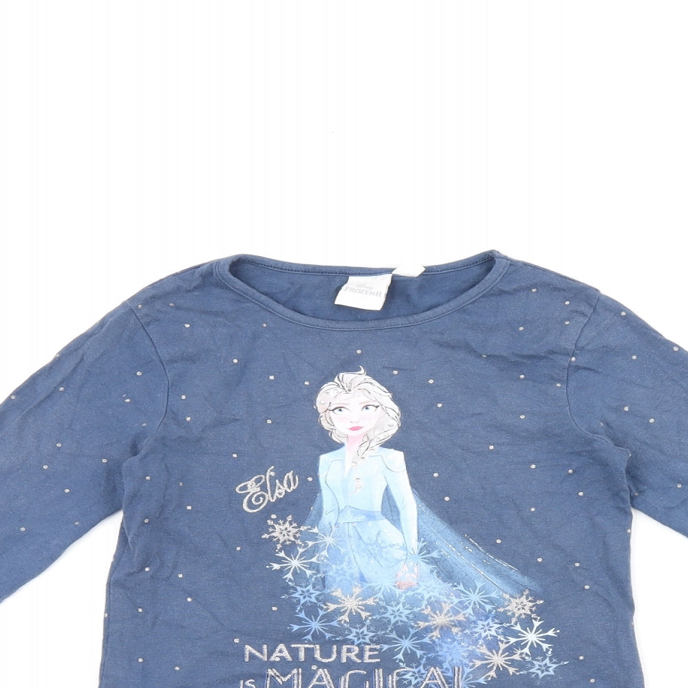Disney Girls Blue Cotton Basic T-Shirt Size 6 Years Round Neck Pullover - Frozen Elsa