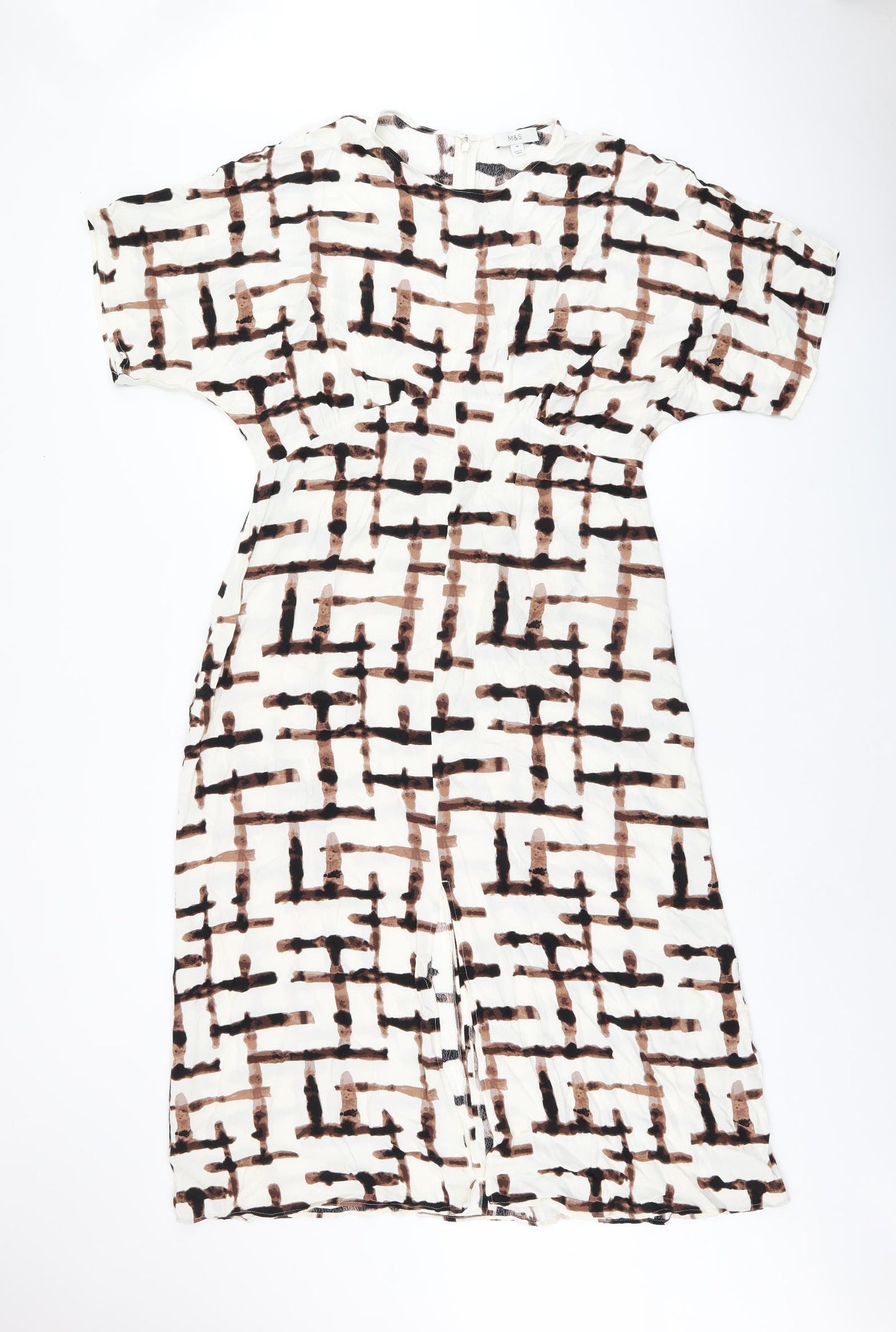 Marks and Spencer Womens White Geometric Viscose Shift Size 14 Boat Neck Zip