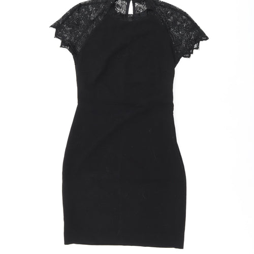 Zara Womens Black Polyester Bodycon Size S Round Neck Zip - Lace Detail