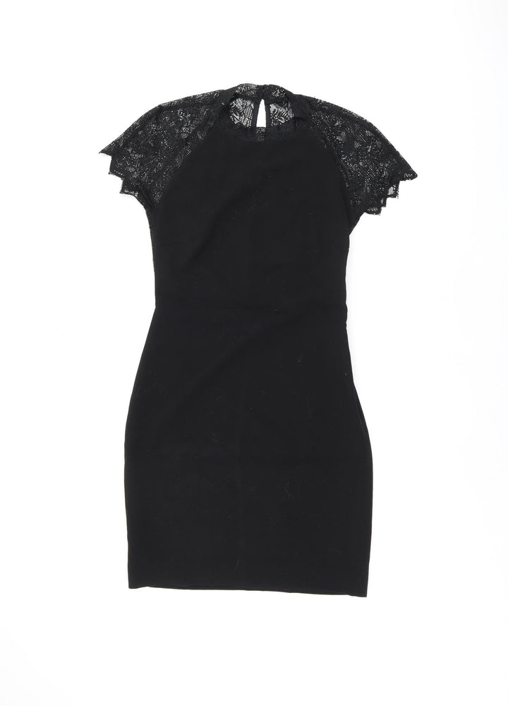 Zara Womens Black Polyester Bodycon Size S Round Neck Zip - Lace Detail