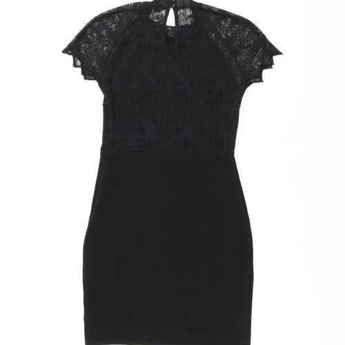 Zara Womens Black Polyester Bodycon Size S Round Neck Zip - Lace Detail