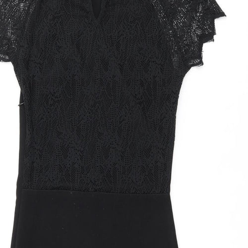 Zara Womens Black Polyester Bodycon Size S Round Neck Zip - Lace Detail