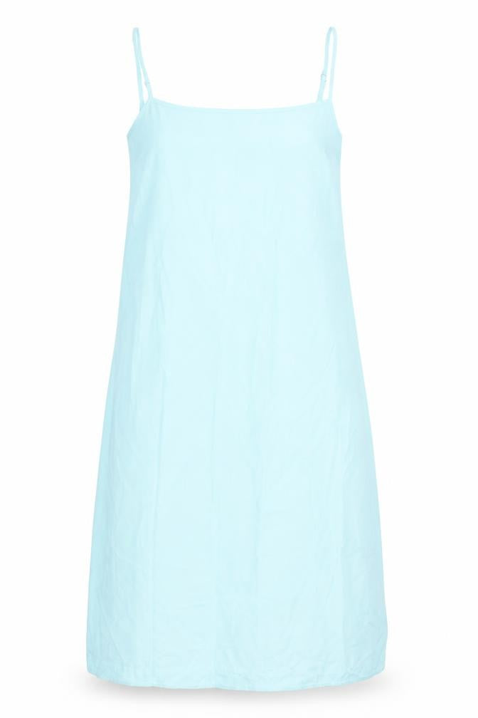 Front view of Marks & Spencer women’s blue polyester slip dress, size UK 10, square neck pullover