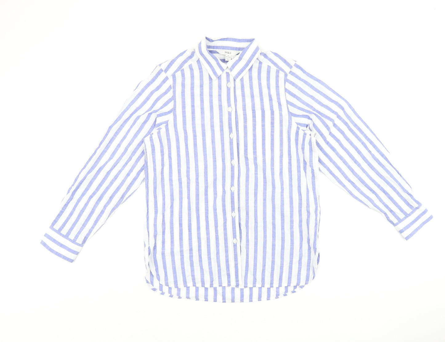 Marks and Spencer Womens White Striped Cotton Basic Button-Up Size 8 Collared