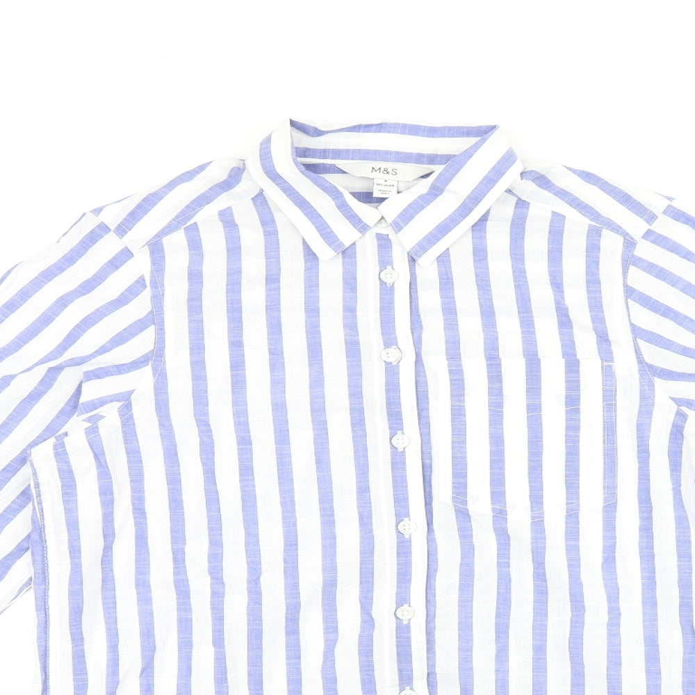 Marks and Spencer Womens White Striped Cotton Basic Button-Up Size 8 Collared