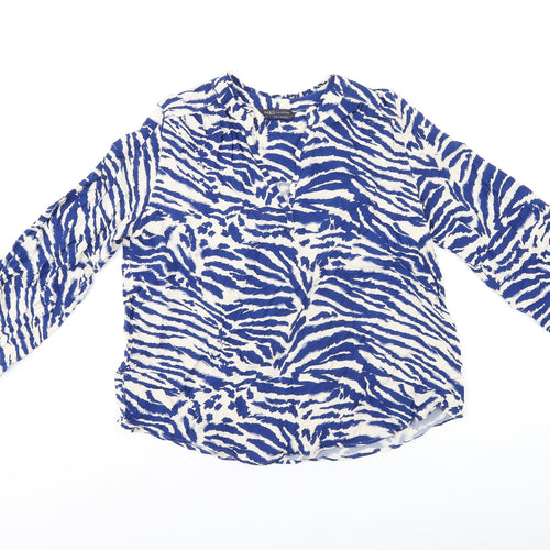 Marks and Spencer Womens Blue Animal Print Polyester Basic T-Shirt Size 10 V-Neck - Tiger Print