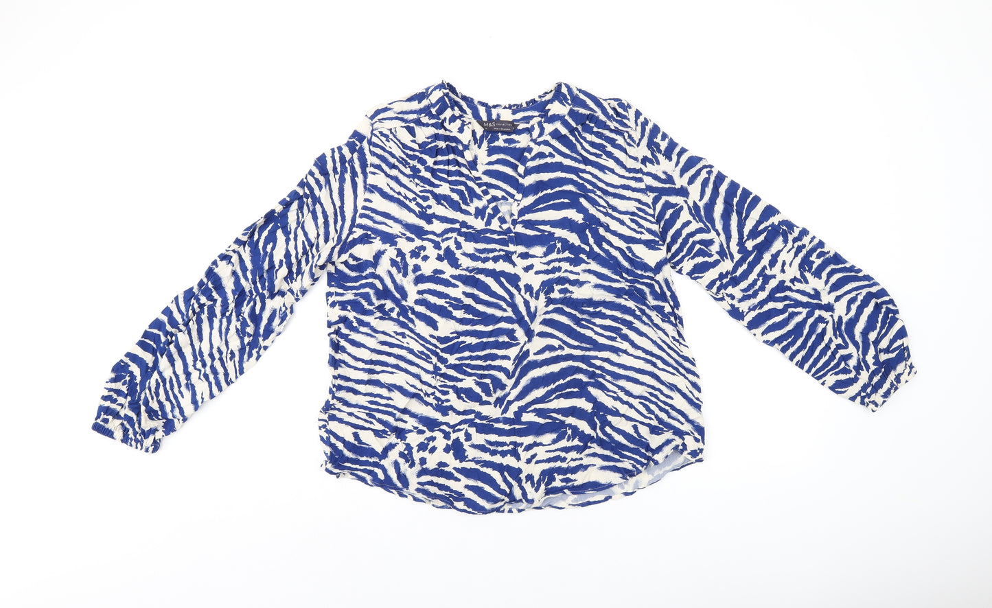 Marks and Spencer Womens Blue Animal Print Polyester Basic T-Shirt Size 10 V-Neck - Tiger Print