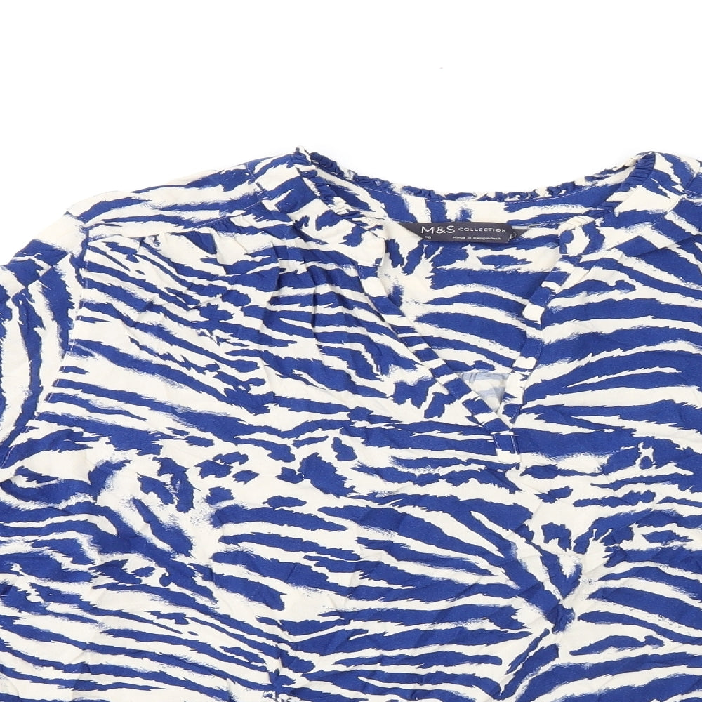 Marks and Spencer Womens Blue Animal Print Polyester Basic T-Shirt Size 10 V-Neck - Tiger Print