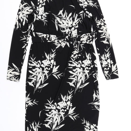 Wallis Womens Black Floral Polyester Bodycon Size 10 Round Neck Button