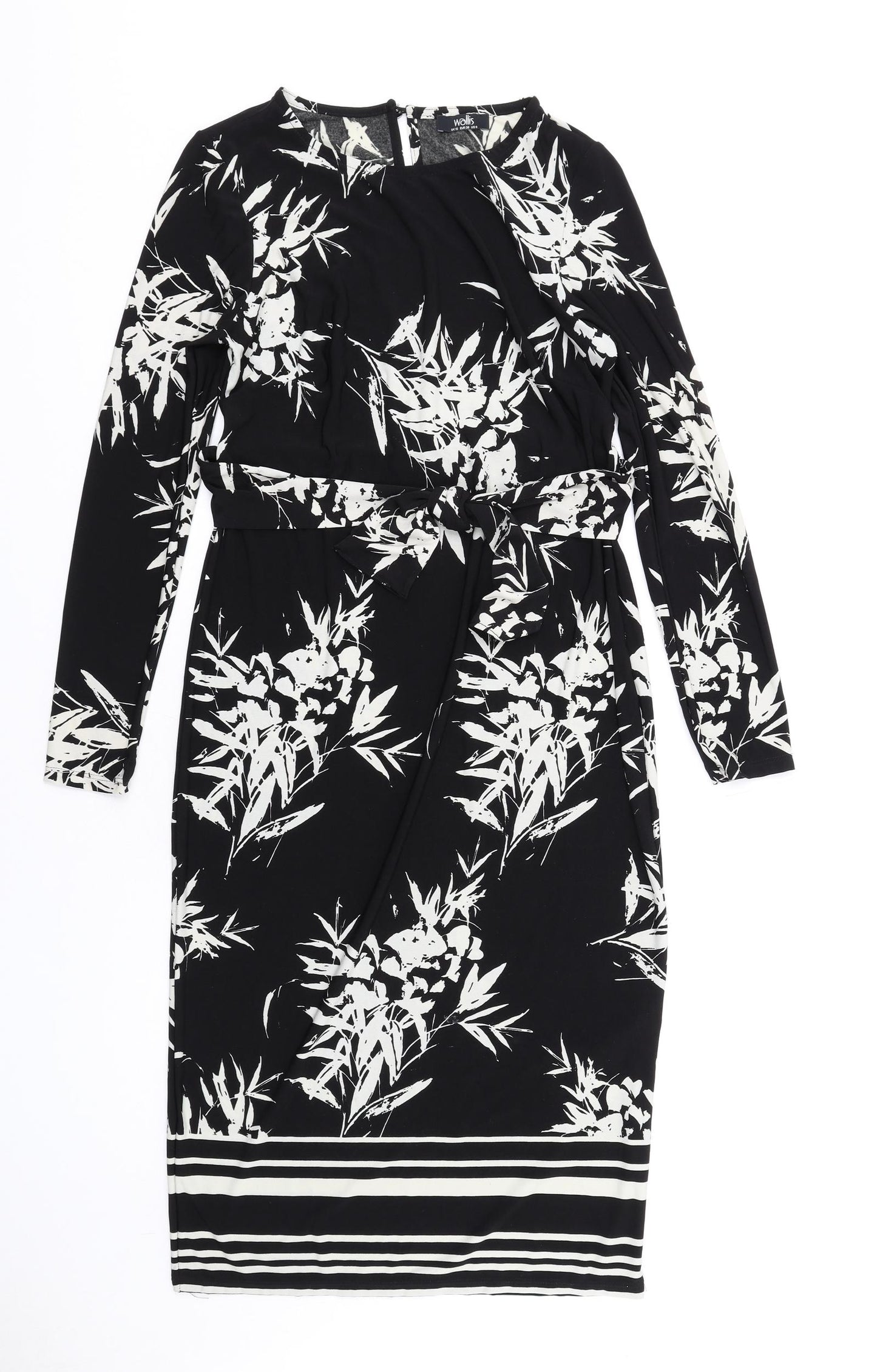 Wallis Womens Black Floral Polyester Bodycon Size 10 Round Neck Button