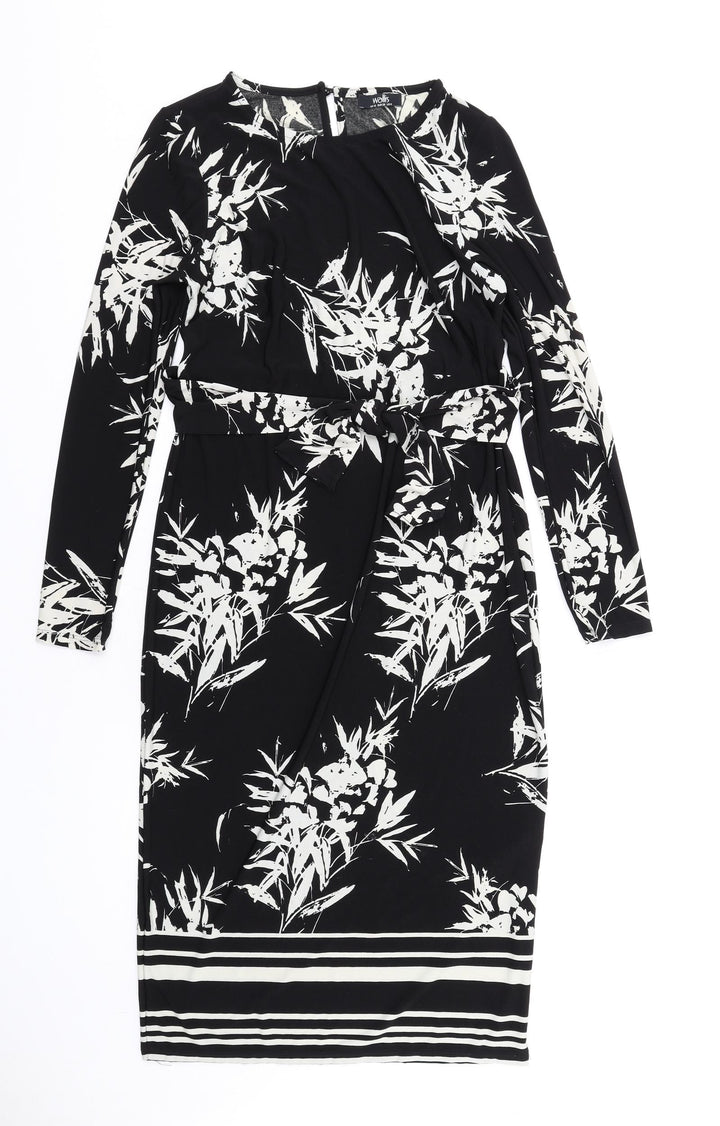 Wallis Womens Black Floral Polyester Bodycon Size 10 Round Neck Button