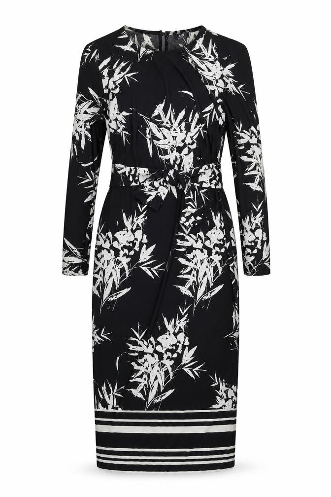 Front view of Wallis women’s black floral polyester bodycon, size UK 10, round neck button