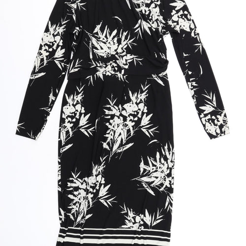 Wallis Womens Black Floral Polyester Bodycon Size 10 Round Neck Button