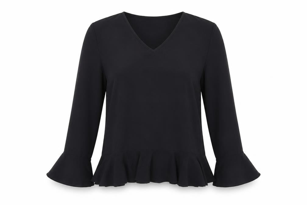 Front view of Little Mistress women’s black polyester basic blouse, size UK 10, v-neck