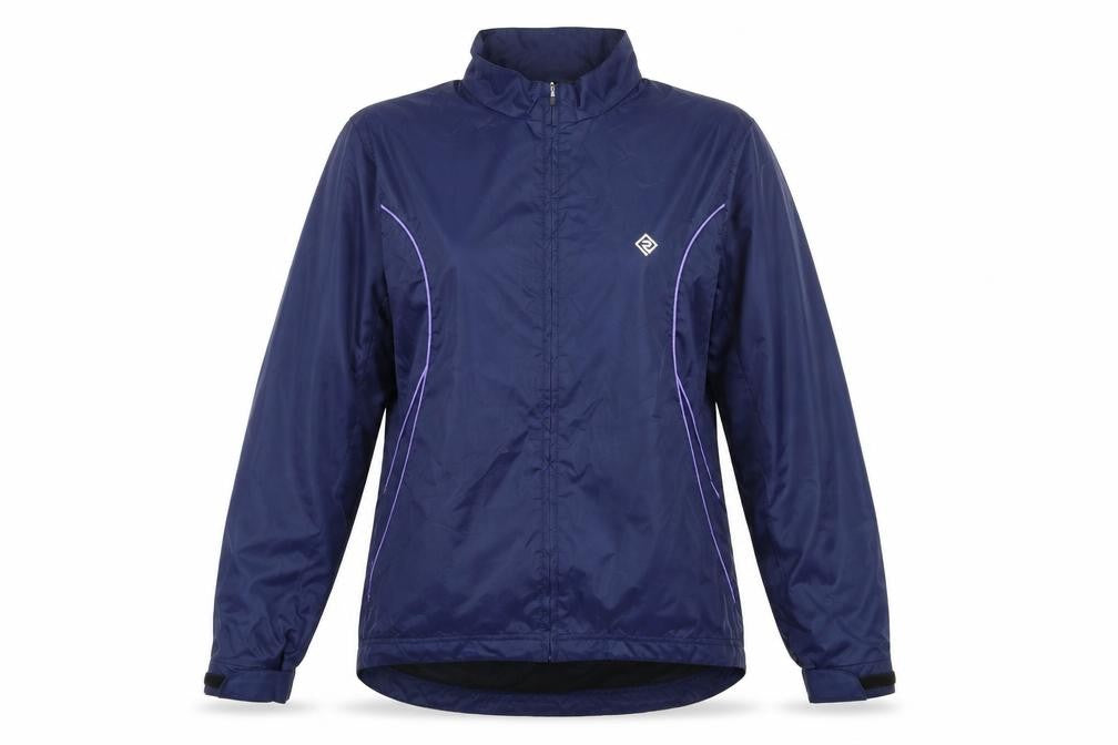 Front view of Ronhill women’s blue rain coat coat, size UK 12, zip