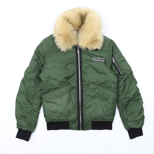 Brave Soul Womens Green Bomber Jacket Coat Size S Zip - Fur Collar