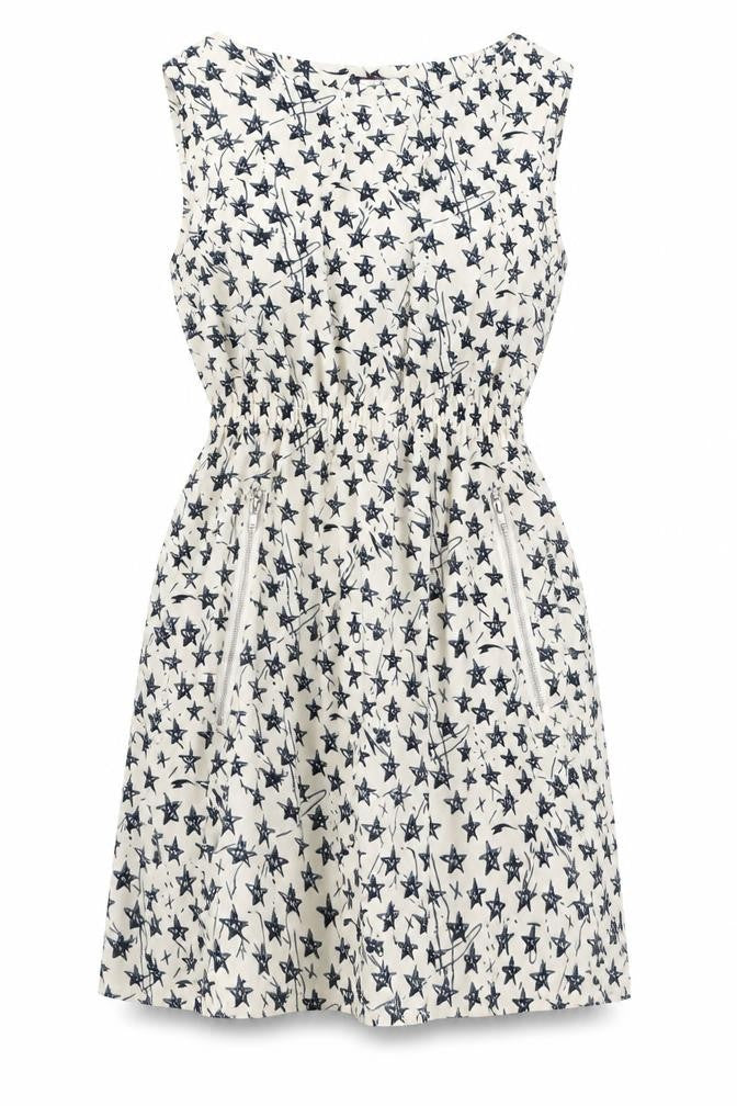 Front view of TENKI women’s ivory geometric polyester a-line, size S, round neck zip