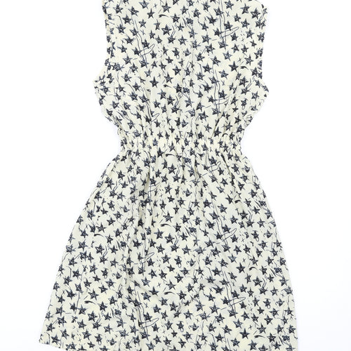 TENKI Womens Ivory Geometric Polyester A-Line Size S Round Neck Zip