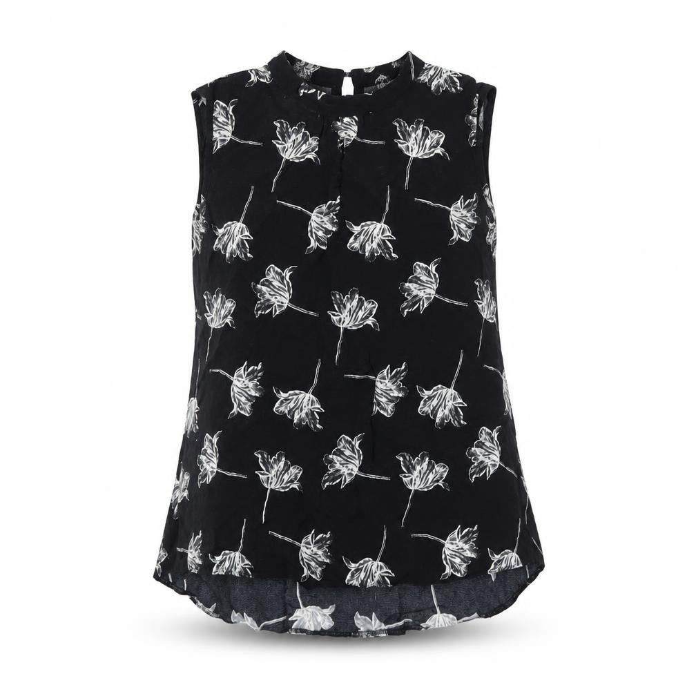 Front view of Warehouse women’s black floral polyester basic tank, size UK 6, round neck