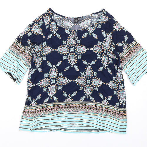 Izabel London Womens Multicoloured Geometric Viscose Basic T-Shirt Size 10 Scoop Neck
