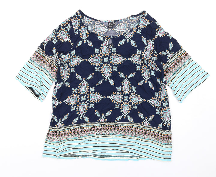 Izabel London Womens Multicoloured Geometric Viscose Basic T-Shirt Size 10 Scoop Neck