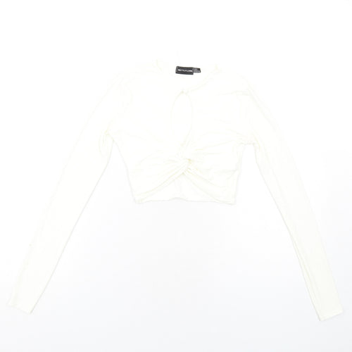 PRETTYLITTLETHING Womens Ivory Polyester Cropped T-Shirt Size 6 Round Neck - Twist Front