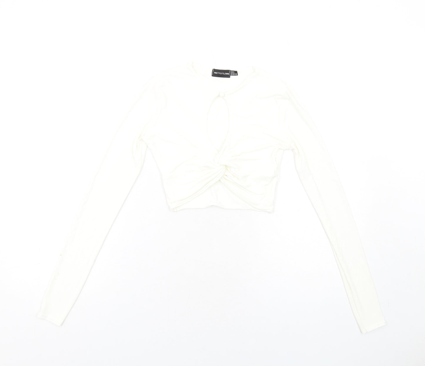 PRETTYLITTLETHING Womens Ivory Polyester Cropped T-Shirt Size 6 Round Neck - Twist Front