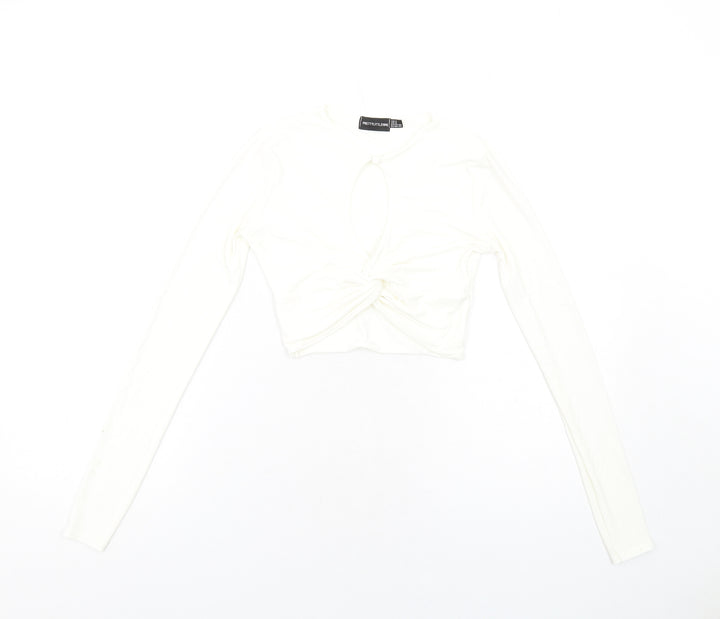 PRETTYLITTLETHING Womens Ivory Polyester Cropped T-Shirt Size 6 Round Neck - Twist Front