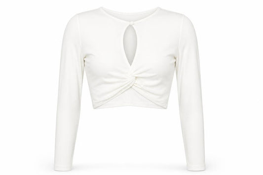 Front view of PRETTYLITTLETHING women’s ivory polyester cropped t-shirt, size UK 6, round neck - twist front