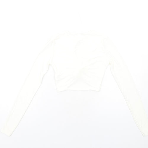 PRETTYLITTLETHING Womens Ivory Polyester Cropped T-Shirt Size 6 Round Neck - Twist Front