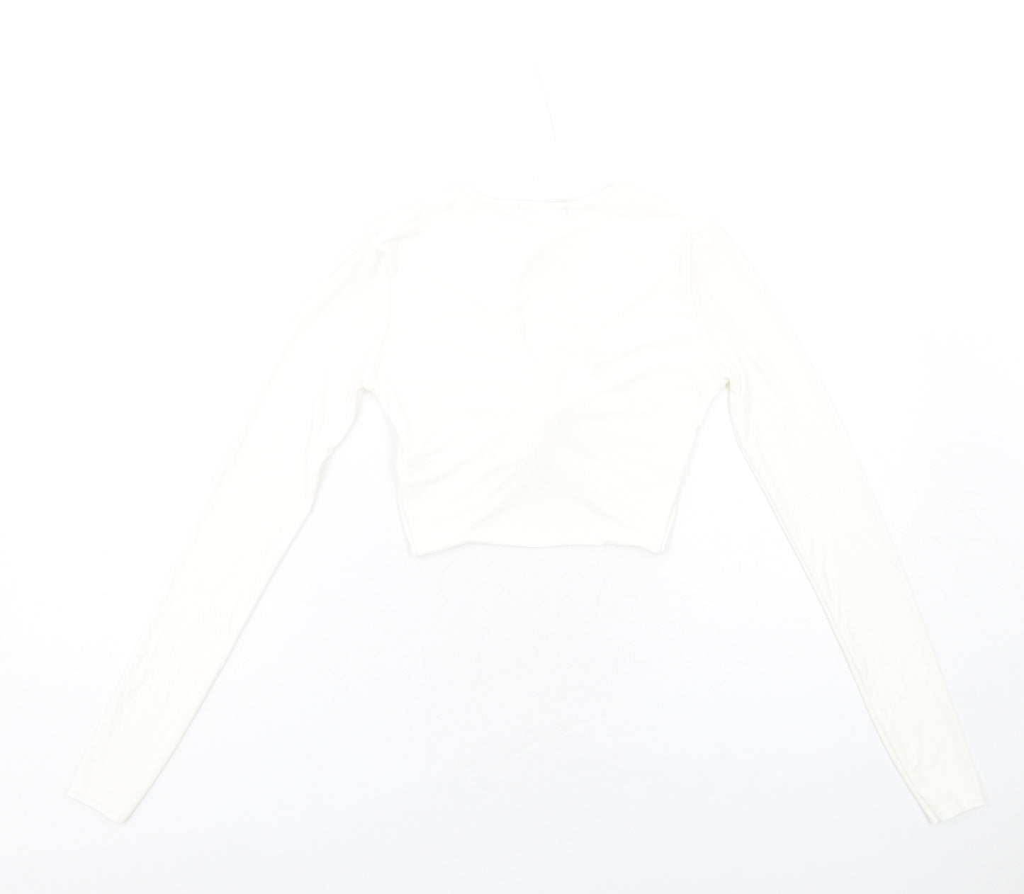 PRETTYLITTLETHING Womens Ivory Polyester Cropped T-Shirt Size 6 Round Neck - Twist Front