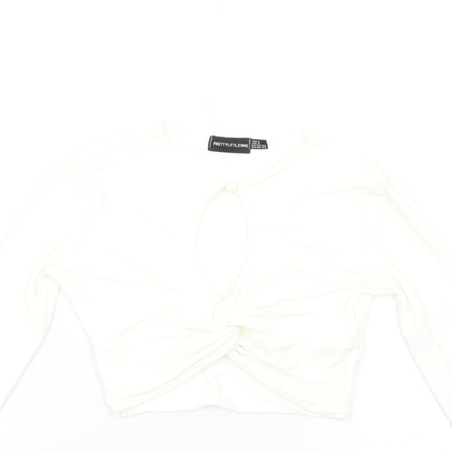 PRETTYLITTLETHING Womens Ivory Polyester Cropped T-Shirt Size 6 Round Neck - Twist Front