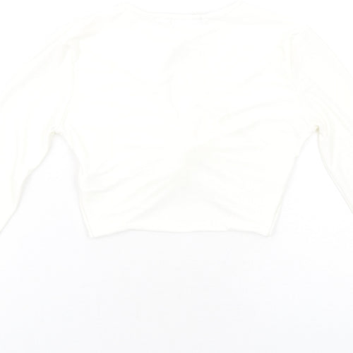 PRETTYLITTLETHING Womens Ivory Polyester Cropped T-Shirt Size 6 Round Neck - Twist Front