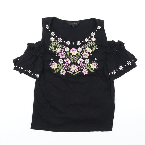 New Look Womens Black Cotton Basic T-Shirt Size 6 Round Neck - Cold Shoulder