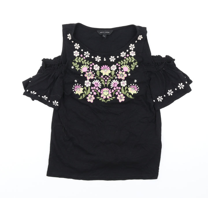 New Look Womens Black Cotton Basic T-Shirt Size 6 Round Neck - Cold Shoulder