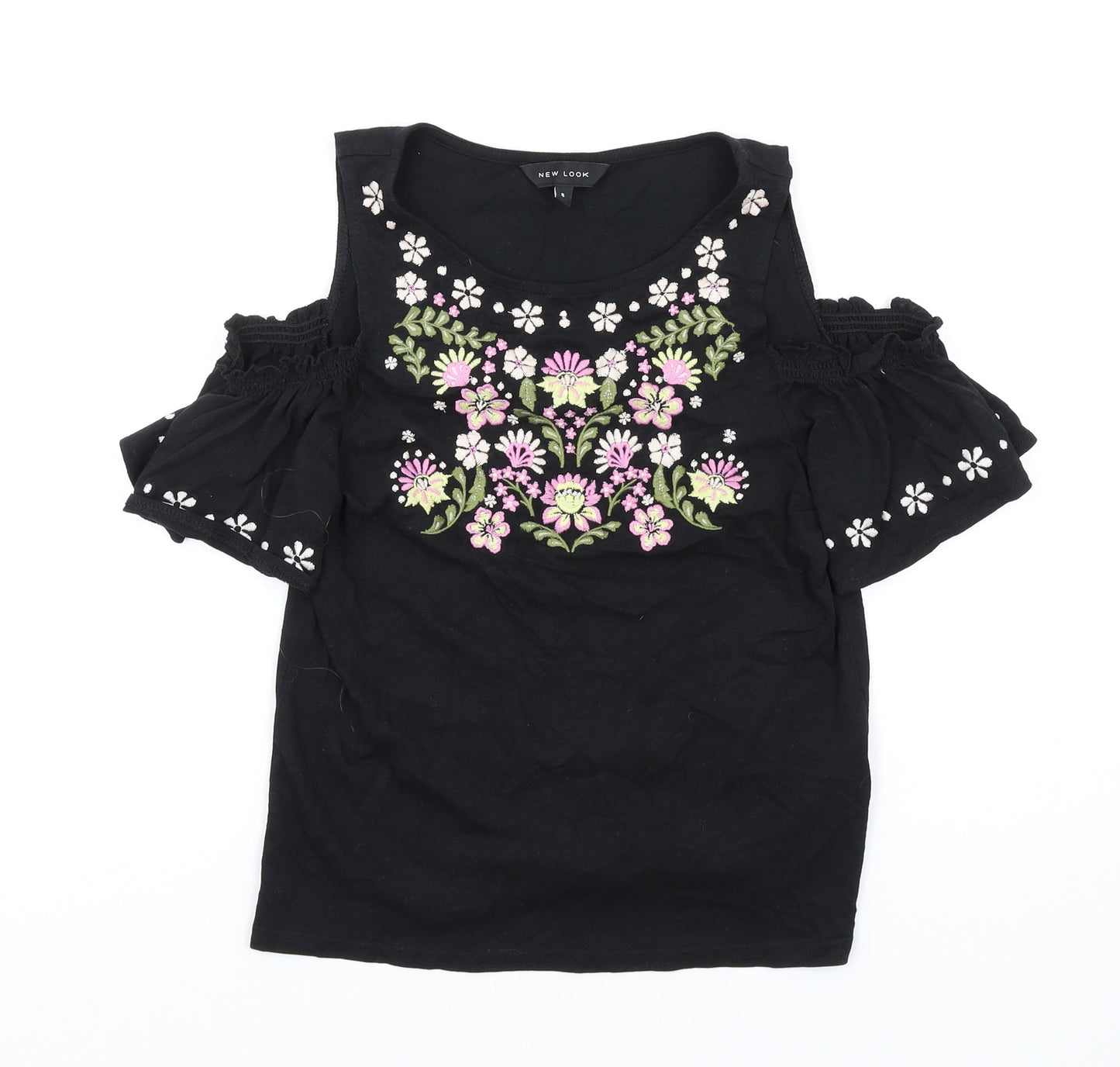 New Look Womens Black Cotton Basic T-Shirt Size 6 Round Neck - Cold Shoulder