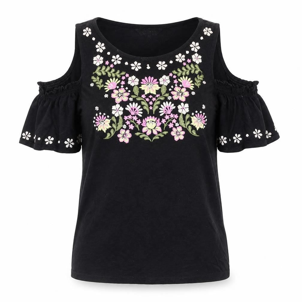 Front view of New Look women’s black cotton basic t-shirt, size UK 6, round neck - cold shoulder