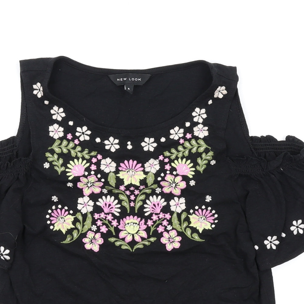 New Look Womens Black Cotton Basic T-Shirt Size 6 Round Neck - Cold Shoulder
