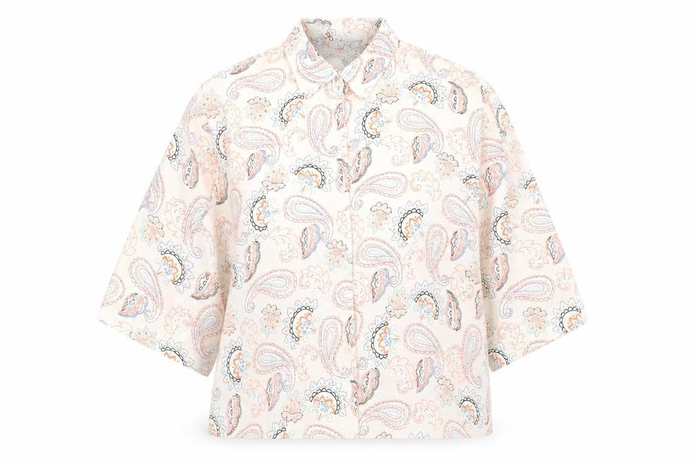 Front view of Exhibit women’s multicoloured paisley polyester basic button-up, size UK 12, collared